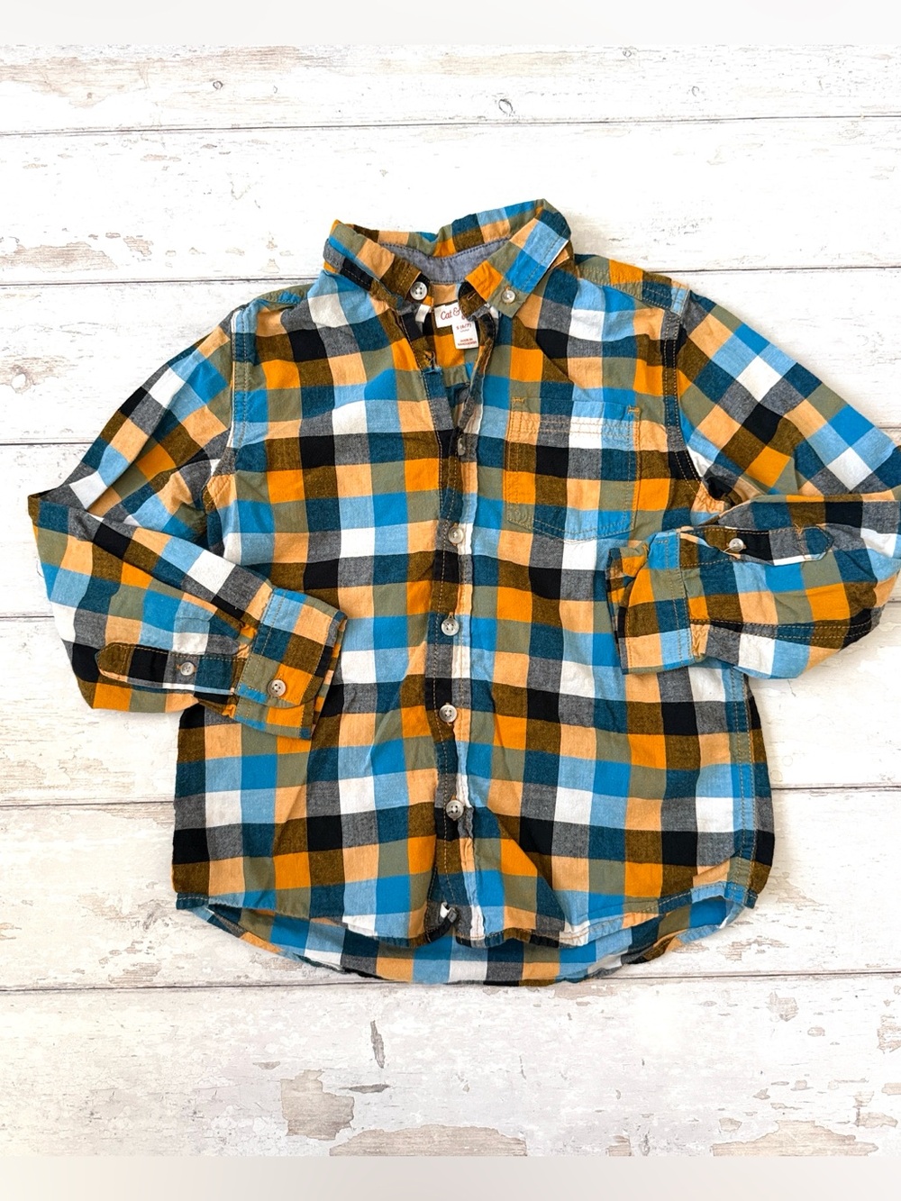 Cat & Jack Boys 6/7 Checker Plaid Button Down Shirt Long Sleeves Blue Orange 6 7